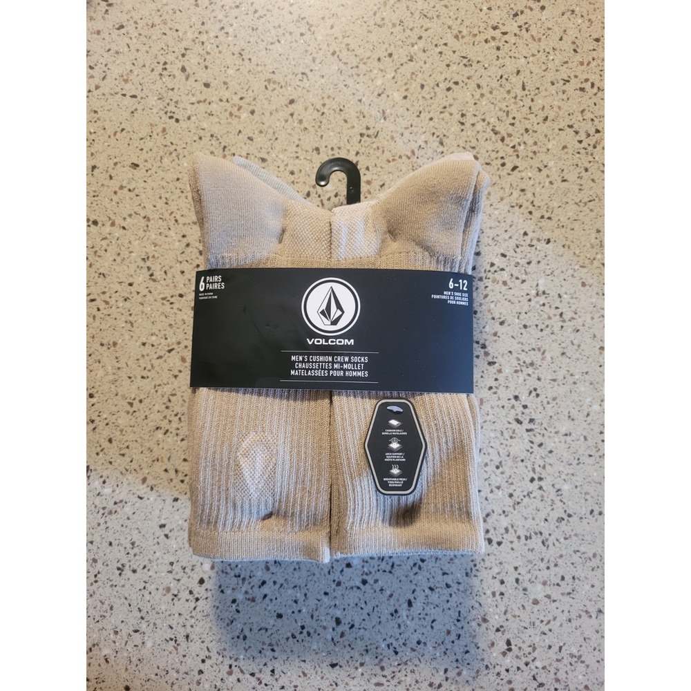6-Pairs Volcom Mens Size 6-12 Cushioned Crew Logo Socks Tan Beige Gray White